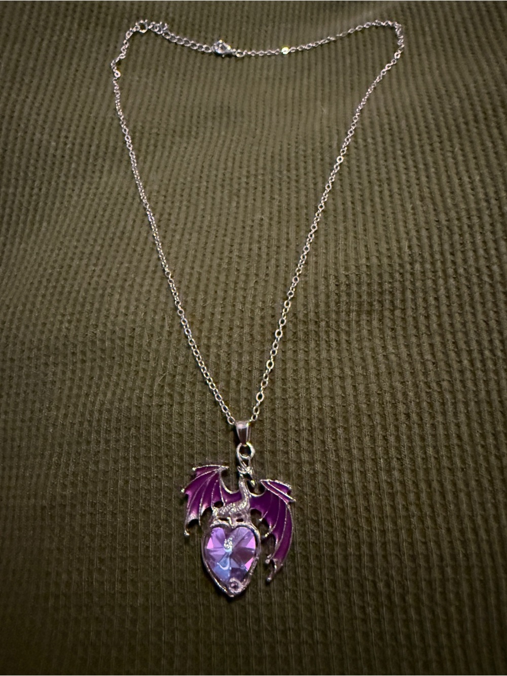 Silver Necklace with Purple Dragon Heart Pendant